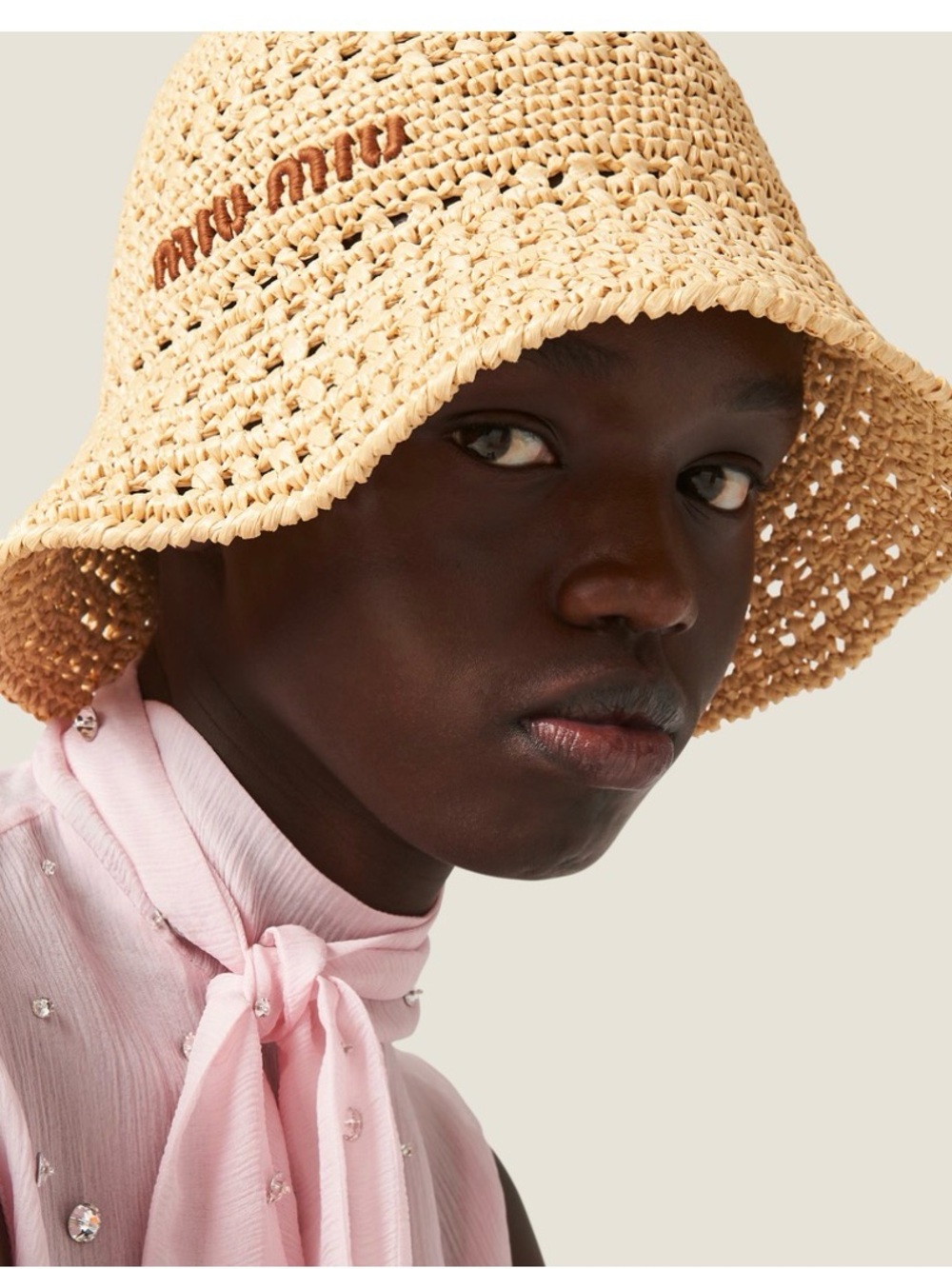 Miu Miu Tan Crochet Bucket Hat with Brown Logo - Picture 3 of 9